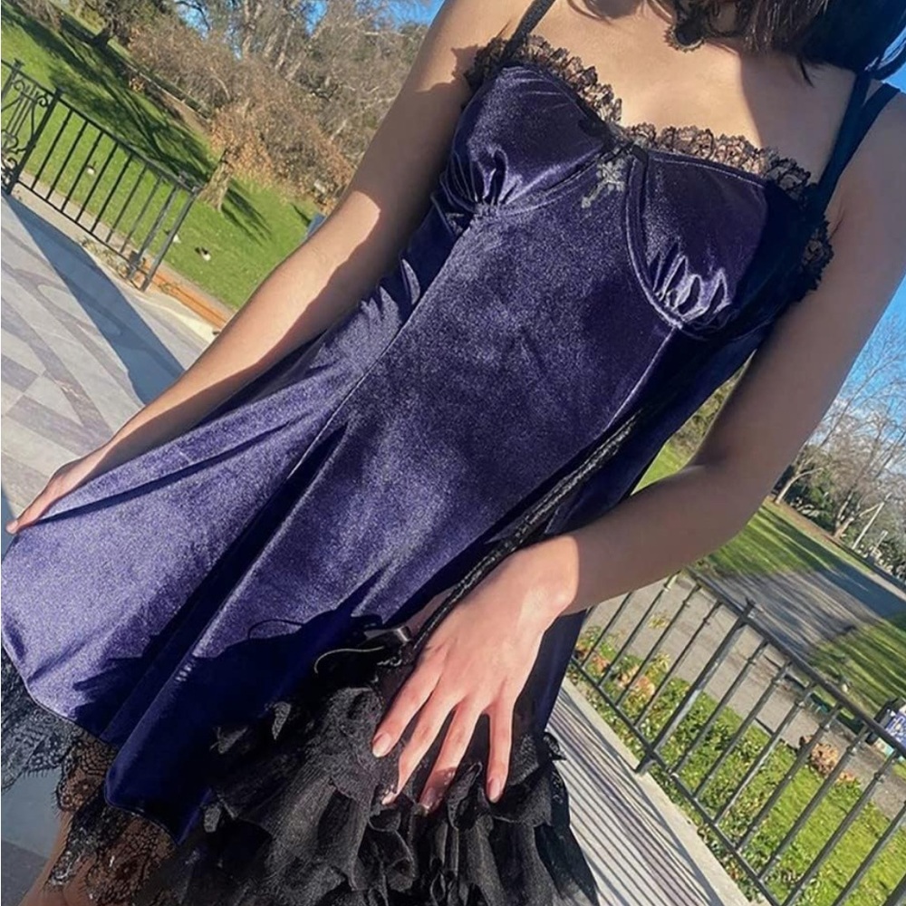 Purple Velvet Slip Dress with Black Lace Trim - Picture 2 of 6